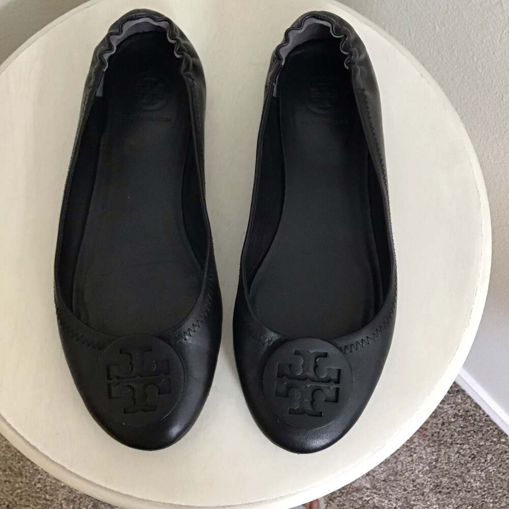 Tory Burch Black Leather Minnie Travel Ballet Flats with Logo Size 8